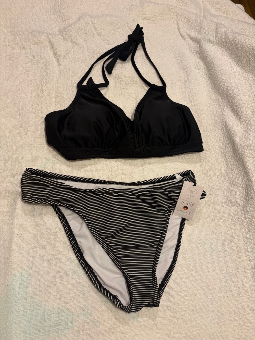 Shade & Shore Black Halter Bikini Top with Black & White Striped Bottom Cupshe